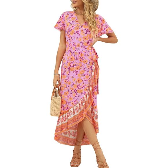 ZESICA Pink & Orange Floral Bohemian Wrap V-Neck Ruffle Flowy Midi Dress Size S - Picture 2 of 11